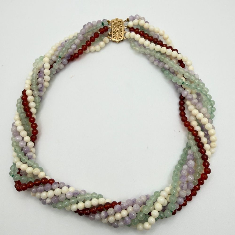 VTG Multi-strand 4mm bead jadeite, coral, & carnelian necklace w/ 14kt YG clasp!